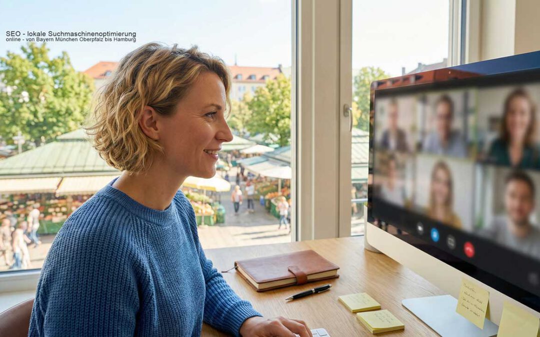 SEO in München – Beraterin im Homeoffice bei Videokonferenz mit Blick auf den Viktualienmarkt, lokale Suchmaschinenoptimierung Deutschland